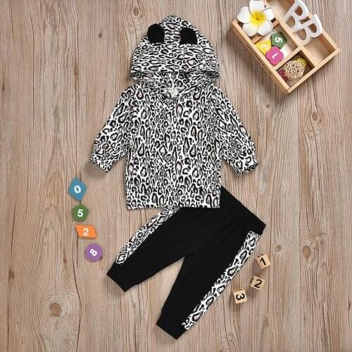 2pcs Girl Boy Clothes Set Cotton Warm Long Sleeves Autumn Baby Kids Daily Leisure Leopard Print Hooded Sweatshirt Pants