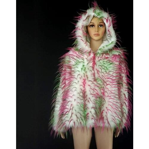 Colorful hooded artificial faux fake fur jacket long sleeve oversize loose shaggy shag coat outerwear hoodie women furry coats