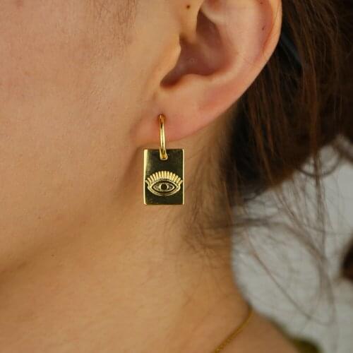 Brass copper Gold color square dangle round clip earring Mini Evil Eye Jewish Post Stud Earrings