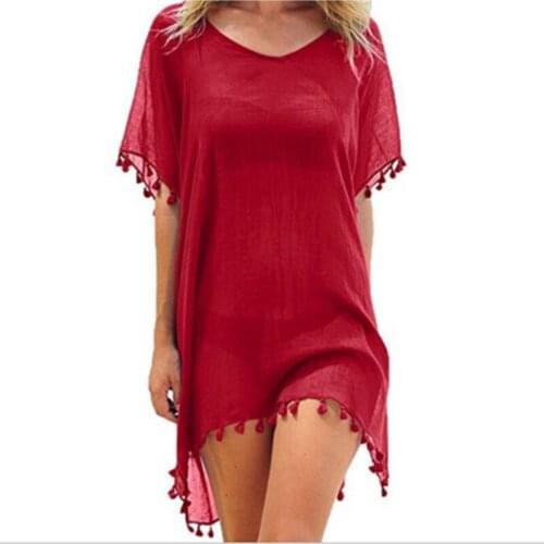 Summer Women Bikini Cover Up Chiffon Pompom Detail Hollow Crochet Swimsuit Cover-Ups Bathing Suit Beachwear Tunic Beach Dress