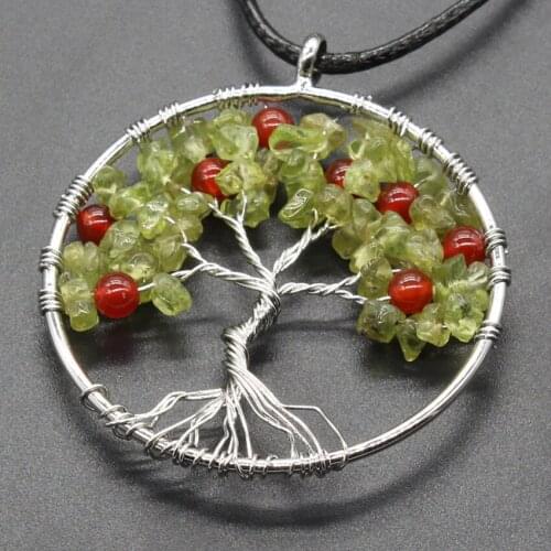 Trendy-beads Silver Plated Natural Olivine Stone Tree of Life Pendant Red Beads Necklace With Rope Chain For Gift