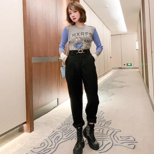 Fashion character of tall waist belt simple pure color fashionable casual pants new high-end womens clothing in winter