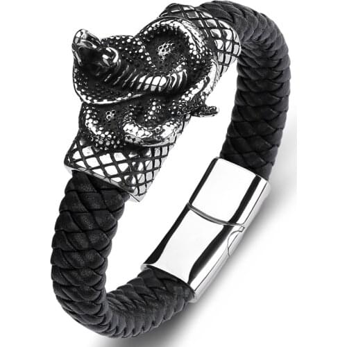 Punk Rock Jewelry Braided Bracelet Men Cobra Snake Leather Bangles Stainless Steel Magnet Clasp Wristband Best Friend Gift P147