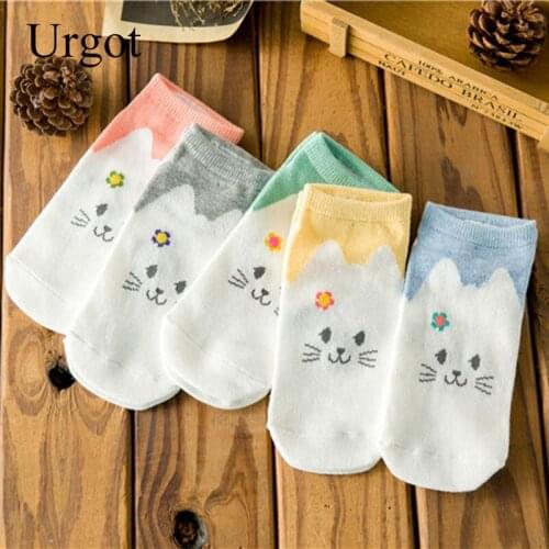 Urgot 5 Pairs 2021 New Spring Summer Women Ankle Socks Korean Cute Cartoon Straight Cat Female Cotton Invisible Boat Socks Meias