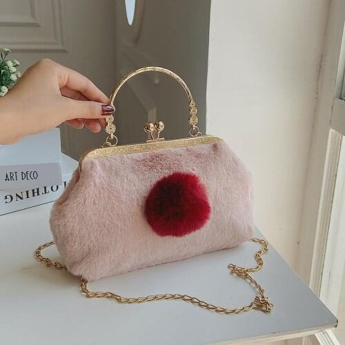 Winter New Ladies Metal Handle Plush Handbag Fashion Clip Hit Color Faux Fur Shell Bag Evening Party Shoulder Crossbody Bag