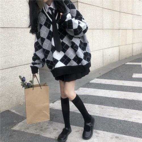 Autumn Winter Preppy Style Sweet Soft Girly Kawaii V-Neck Color Contrast Plaid Full Sleeve Sweaters Knitting Pullover Sweater