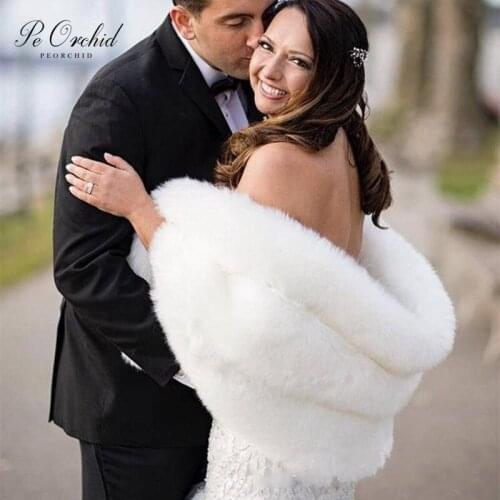 PEORCHID White Bridal Shawls And Wraps Faux Fur Winter Bridesmaid Wedding Capes Ladies Black Jackets Women Evening Coat Shrugs