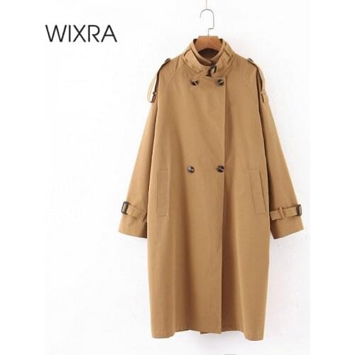 Wixra Womens Trench Oversized Double Breasted Basic High Quality Khaki Long Coat Female Classic Windbreaker Outerwear