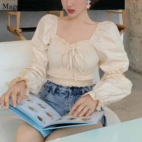 Sexy Shoulder Female Blusas Autumn New 2020 Women Blouses Strapless Square Collar Shirts Solid Full Sleeve Slim Waist Tops 10161