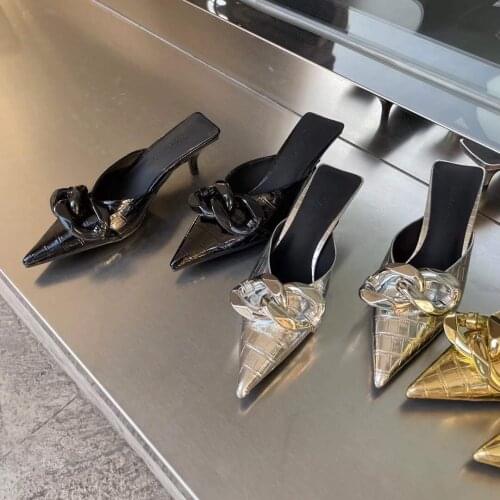 Gold/Silver/Black Women Slippers Pointed Toe Metal Chain Shallow Slip On Slippers Slides Casual Summer Flip Flops Shoes Woman
