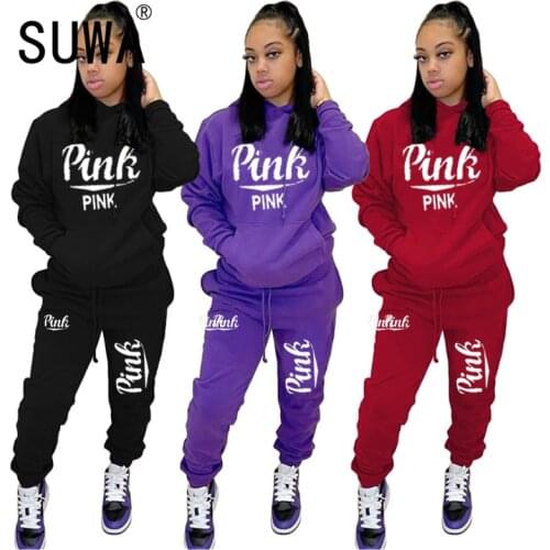Sporty Pink Letter Print Women Set Full Sleeve 2 Pieces Clothes Suit Female Tracksuit Matching Set
