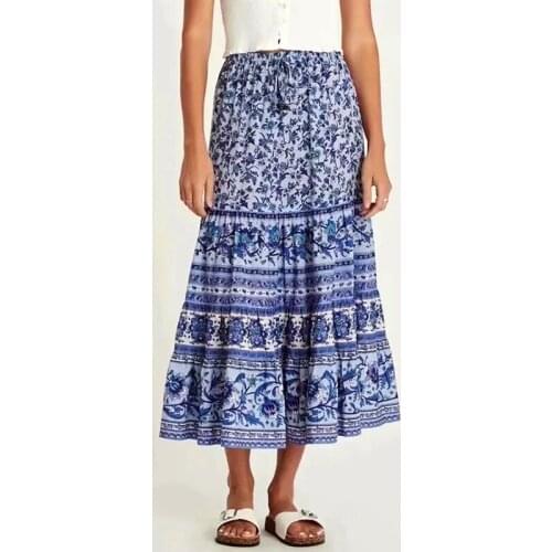 GypsyLady Boho Floral Print Skirt Vintage Chic Summer Women Long Pleated Skirts Ruffles Plus Size 2XL Holiday Beach Ladies Skirt