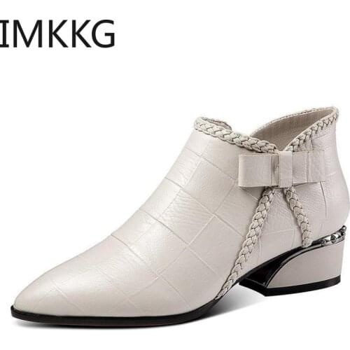 Plus Size 42 Ankle Boots Women med heel zip Shoes Thick Heel Short Boot Ladies Casual boot Footwear Bowtie black boots