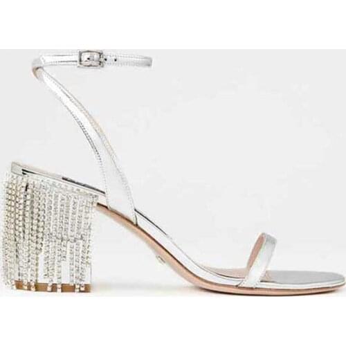 Moraima Snc Chunk Heels Crystal Sandal Woman Silver Leather Open Toe Party Dress Shoes Rhinestones Tassel Sandal