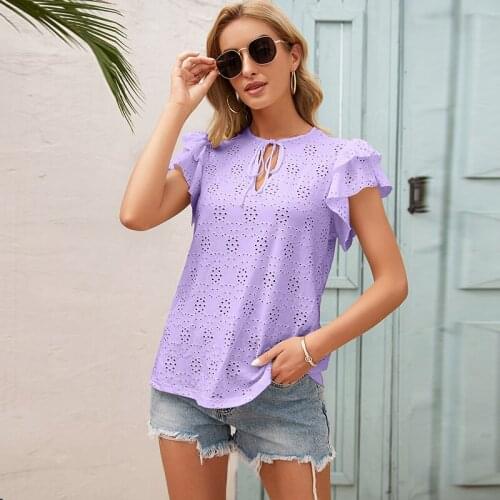 Womens XL White Chain Link Flower Hollow Tie O-neck T Shirt Lotus Leaf Sleeve Pullover Casual All-match Ladies Black Summer Top