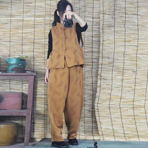 Women Cotton linen Jacquard Retro Vests Ladies Handmade Button Stand Collar Autumn Spring Sleeveless Tops Female Flax Outwear