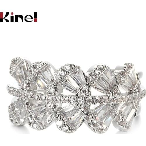 Kinel Luxury Crystal Flower Finger Rings for Women Fashion Silver Color Cubic Zirconia Cocktail Rings Party Wedding Jewelry