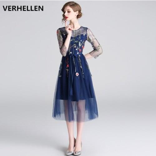VERHELLEN High Quality Fashion Designer Runway Dress 2019 Spring and Autumn Womens 3/4 Sleeve Floral Mesh Embroidery Dress