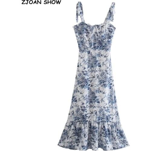 Summer Vintage French Style Blue White Floral Women Dress Spliced Ruffles Hem Tie Bow Strap Sleeveless Sexy Beach Dress Holiday