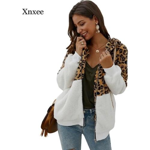 Leopard Patchwork Women Teddy Coat Autumn Hooded Fluffy Plush Winter Faux Fur Jacket Coat Women Plus Size Overcoat