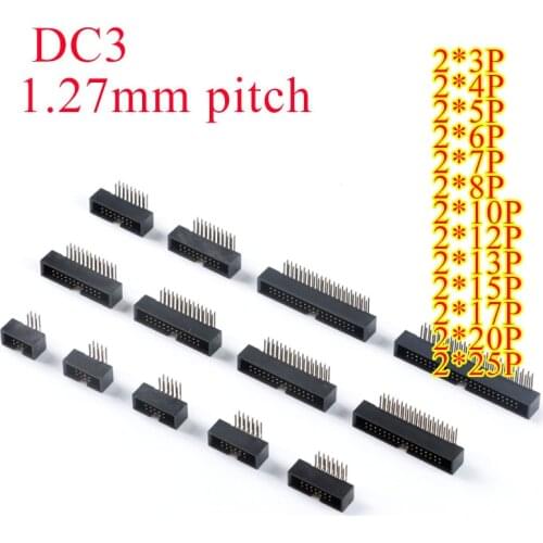 10Pcs DC3 1.27 mm Pitch IDC Box Pin Header Connector Straight Pin Double Row Male Socket Curved Shrouded DC3 HEADERS 2x3-25Pin
