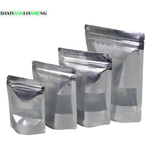 100pcs/lot 6sizes Windowed silver coating embrass Stand Up zipper lock Bag Self Seal Food Storage Bag Retail Packaging Pouch