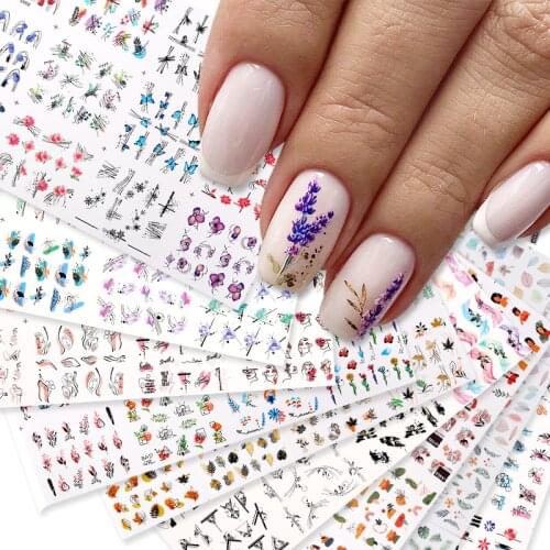 12Styles Harunouta Spring Summer Alphabet Flower Leaves Nail Water Decals Popular Geometric Lines Transfer Stickers Decoration