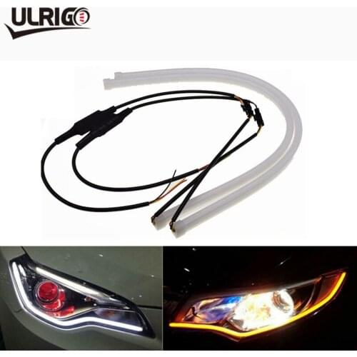 2Pcs 60cm Universial Qui Coule Feux Diurnes Flexible Souple Tube Guide De VoitureLED Bande BlancDRL et Jaune Clignotants lumiere