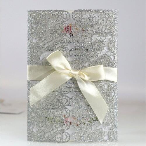 Glitter Lace Wedding Invitations with Champagne Ribbon Red Silver Gold Champagne Laser Cut Quinceanera Invites Printable 50pc