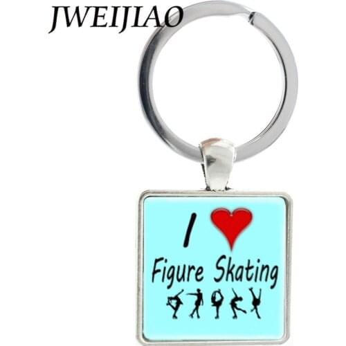 JWEIJIAO I Love Figure Skating Keyring Key Chain Pair Skating And Ice Dancing Keychain Custom Square Key Pendant Jewelry St36