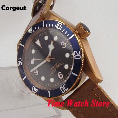 Corgeut 41mm Miyota 8215 20ATM Waterproof Automatic Mens Watch Bronze Case Sapphire Crystal Leather Strap Alloy Bezel Insert