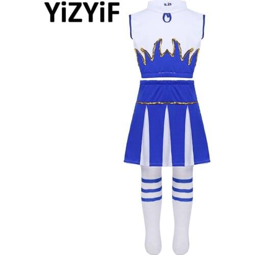 Kids Girls Cheerleader Costume Rave Outfit Sleeveless Crop Top with Skirt and Socks Jazz dance costume teens girls dancewear