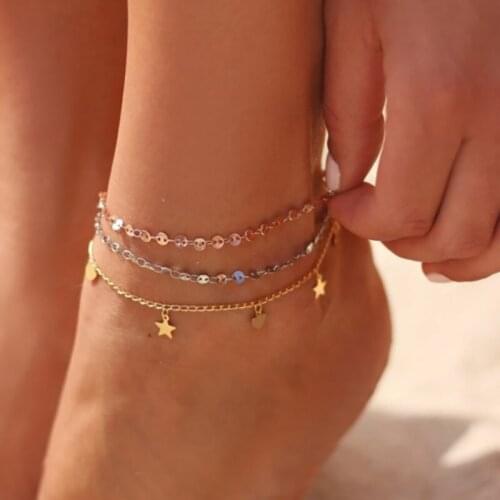 Docona Simple Tiny Star Heart Pendant Anklet for Women Gold Star Multilayer Anklets Bracelet Foot Jewelry 8161