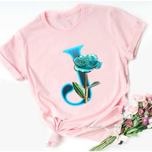 Music Note Flower J Print Tshirt Women 26 Alphabet Letter T Shirt Femme Summer Fashion Female T-Shirt Short Sleeve Shirt