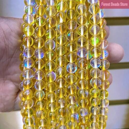 Smooth Dark Yellow Austria Crystal Glitter Moon Stone Round Beads for Jewelry Making 15"Strand 6 8 10 12MM DIY Bracelet Necklace