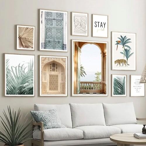Seaside Balcony Palm Leaf Leopard Quotes Wall Art Print Canvas Painting Mosque Door Nordic Poster Decor Pictures For Living Room