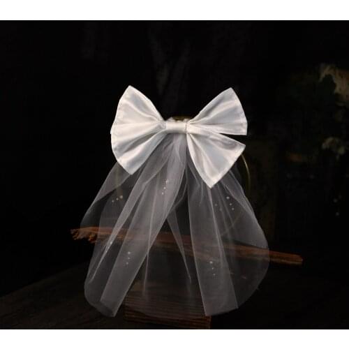 Simple Blusher Bridal Veil Soft Tulle Pearls Beading White Wedding Veil with Satin Bow for Bride Travel Photo Perform Props V662