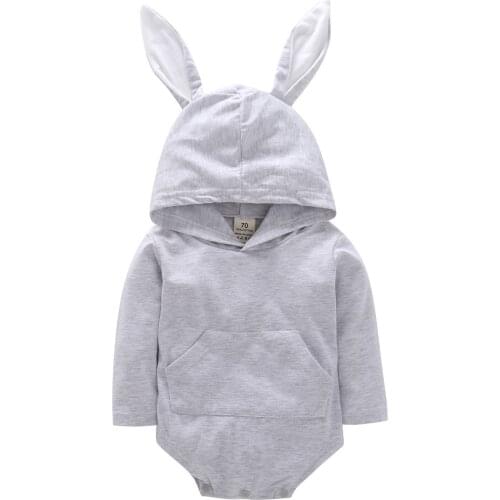 2019 Brand Lovely Newborn Baby Girls Cartoon Rabbit Ear Romper Hooded Kids Jumpsuit Outfits Size 0-24M