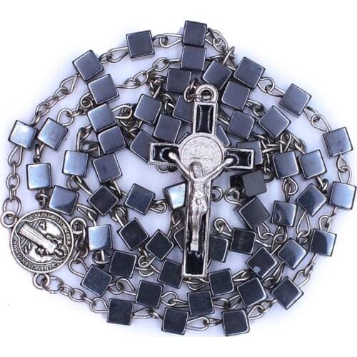 KOMi Retro Religious Jesus Gallstone Beaded Cross Long Necklaces Men Women Stone Rosary Necklace Catholic Praying Jewelry R-332