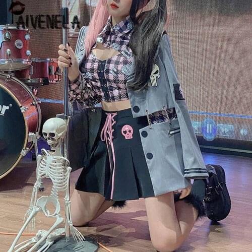 Harajuku Punk Rock Girl Suits Cool A-line Skirt Plaid Sleeveless Tank Camiso Cape Tops Design Blazer Coat Set Female AFC966