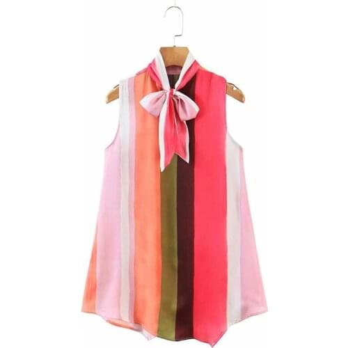 Summer Korean New Style Striped Printed Shirt Bowknot Top Sweet and Cute Ladies Blouse