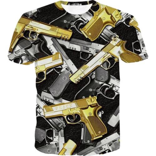Cool Design 3D Printed T-shirts Black Gold Gangsta Gun Pattern Camisetas Hip Hop Style New Fashion Tees Summer Tops Men T Shirt