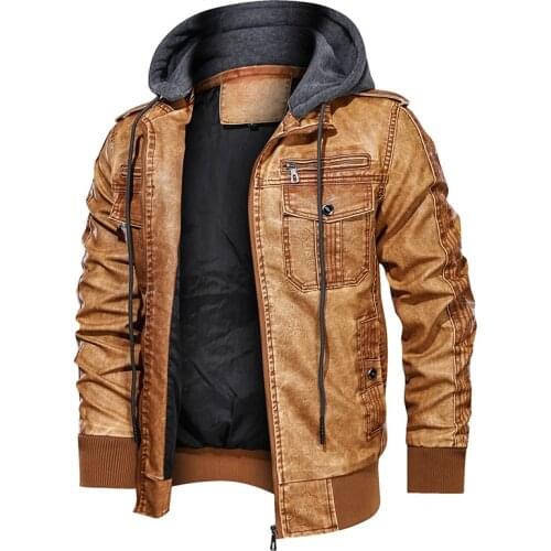 2020 Winter Mens Motorcycle Leather Jacket Men Fashion Brown Thick Zipper Coat Male Hooded Windbreaker Outwear EU Size 5XL