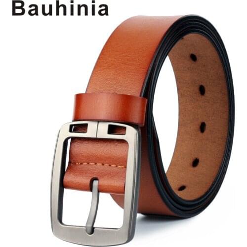 Bauhinia brand high-quality pure yellow cowhide mens leather casual pin buckle belt retro alloy buckle mens belt