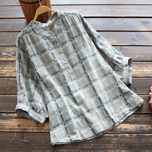 7754 New Summer Women Tops vintage Literary Loose Thin Cotton yarn Plaid Bat Sleeve Stand Collar Shirt Women