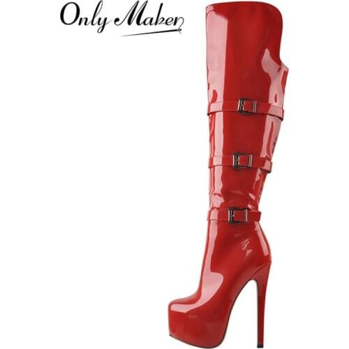 Onlymaker Womens Platform Round Toe Stiletto Side Zipper Knee High Boots16CM High Heel Patent Leather Red Long Boots For Winter