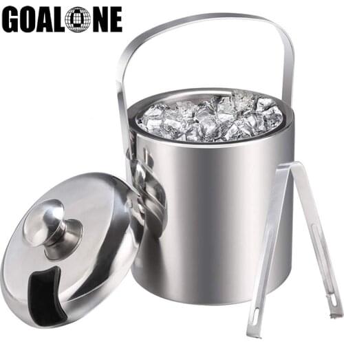 GOALONE 1.3L Stainless Steel Ice Bucket Portable Double Wall Insulated Bucket with Lid Ice Tong Hotel Champagne Beverage Bucket