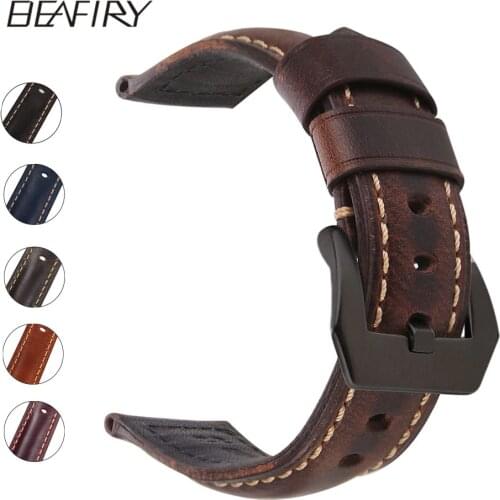 BEAFIRY Genuine Leather Watch Band 20 22 24mm Dark Brown Light Brown Wine Red black grey Oil tanned Natural Crack Leather straps