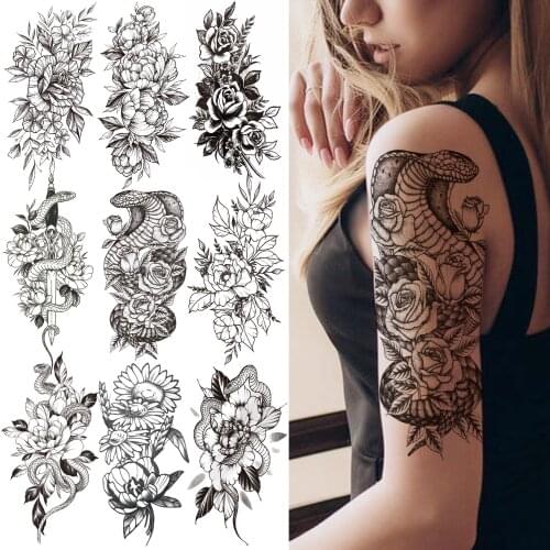Sexy Snake Flower Temporary Tattoo For Women Adult Girl Black Peony Rose Tattoos Sticker Fake Flora Sunflower Tatoos Half Sleeve