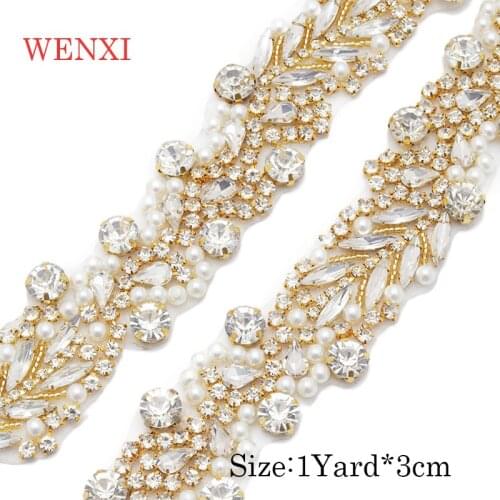WENXI 5YARDS Wholesale Iron On Silver Bridal Belt Sewing Beaded Crystal Rhinestone Applique Trim For Wedding Dress Sash WX931